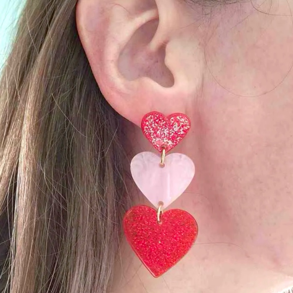 Love, Dahling, Laahve ♥️💖♥️Red & Pink SPARKLE HeartS Drop Earrings - Picture 7 of 10